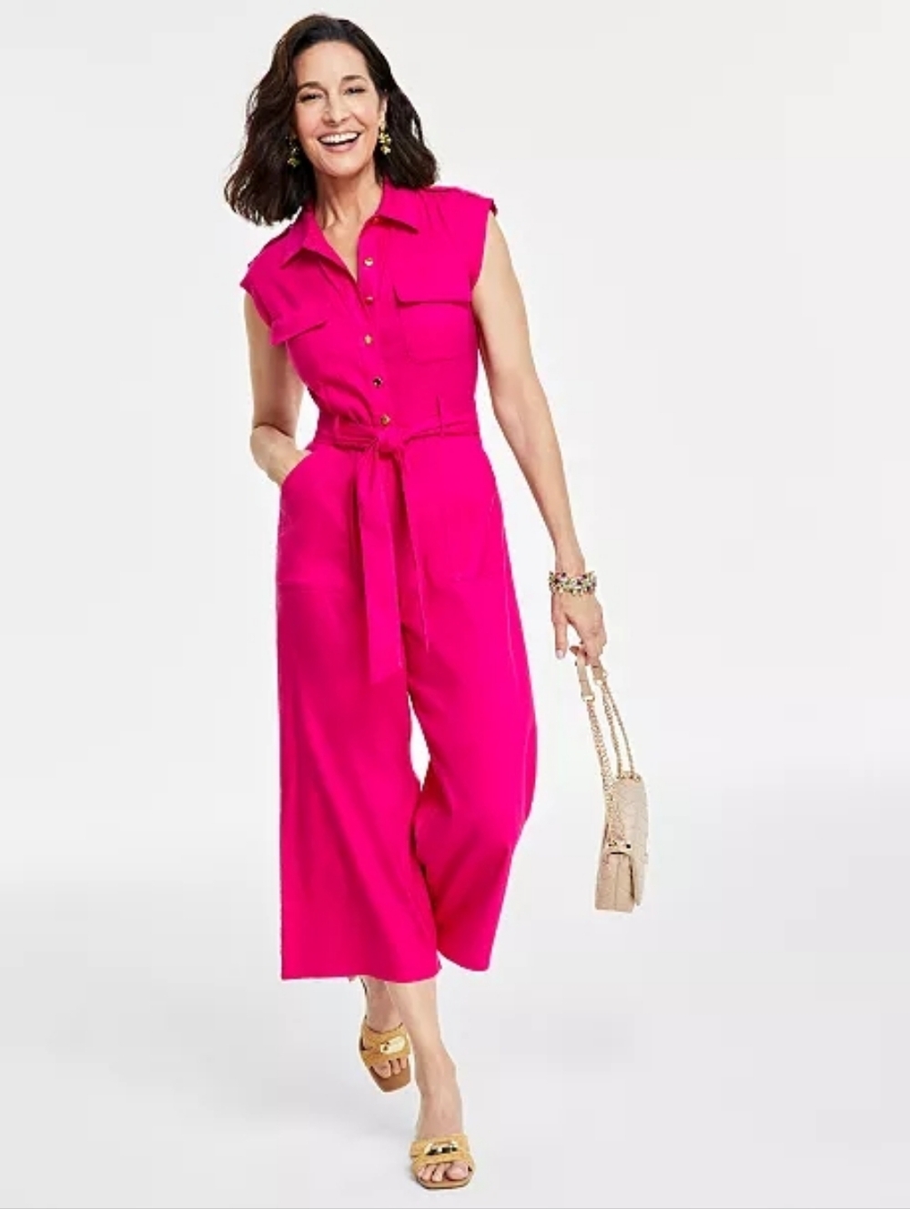 INC Sleeveless Tie-Waist Wide-Leg Jumpsuit - Hot Pink